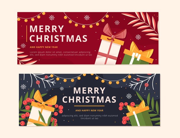Conjunto de banners navideños planos dibujados a mano