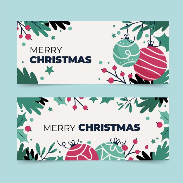 Conjunto de banners navideños planos dibujados a mano