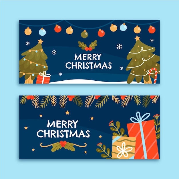 Conjunto de banners navideños planos dibujados a mano
