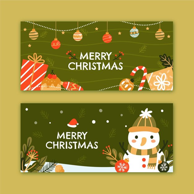 Conjunto de banners navideños planos dibujados a mano
