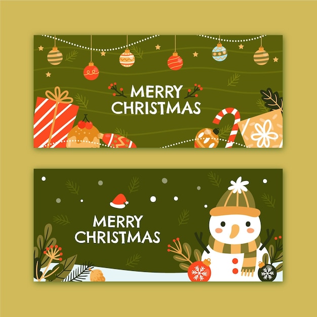 Conjunto de banners navideños planos dibujados a mano
