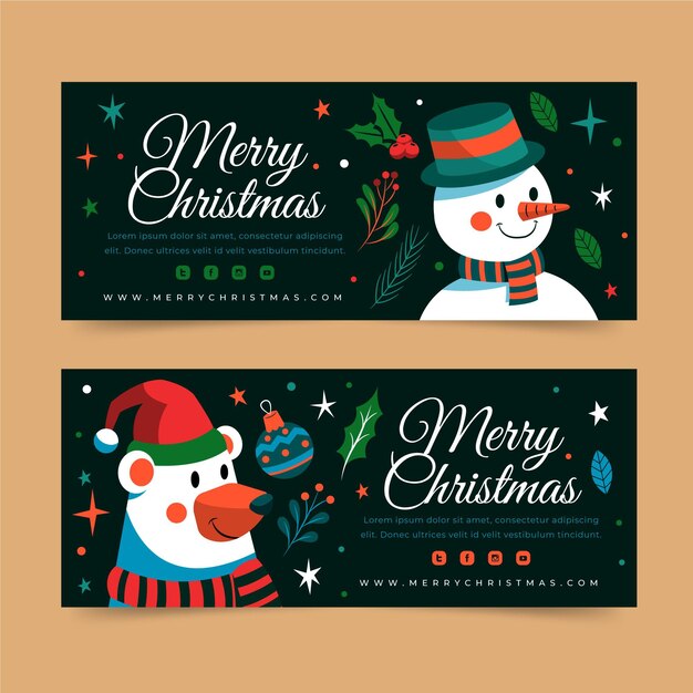 Conjunto de banners navideños planos dibujados a mano