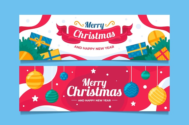 Conjunto de banners navideños planos dibujados a mano