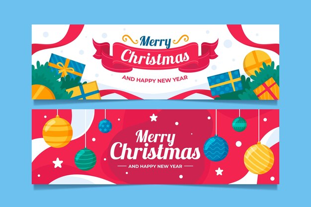 Conjunto de banners navideños planos dibujados a mano