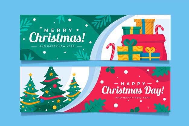 Conjunto de banners navideños planos dibujados a mano