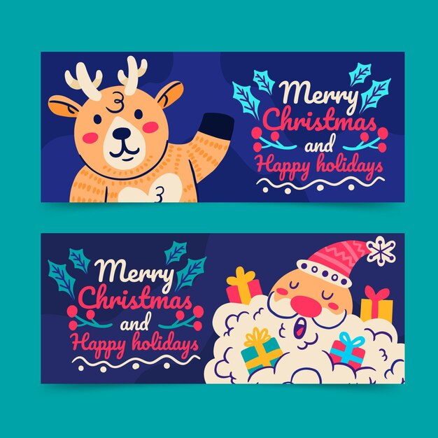 Conjunto de banners navideños planos dibujados a mano