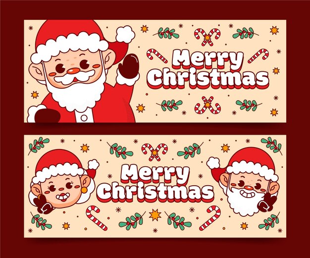 Conjunto de banners navideños planos dibujados a mano