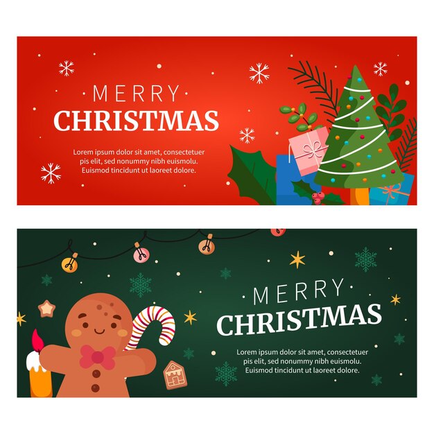 Conjunto de banners navideños planos dibujados a mano