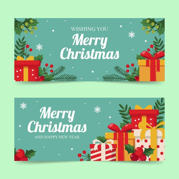 Conjunto de banners navideños planos dibujados a mano