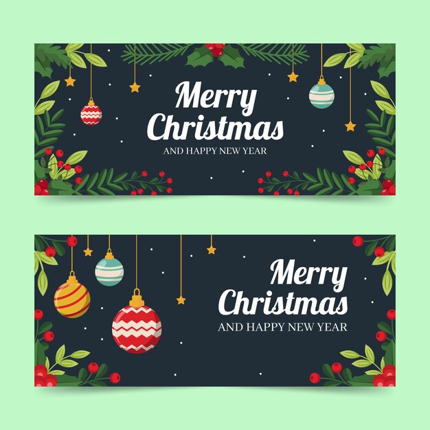 Conjunto de banners navideños planos dibujados a mano