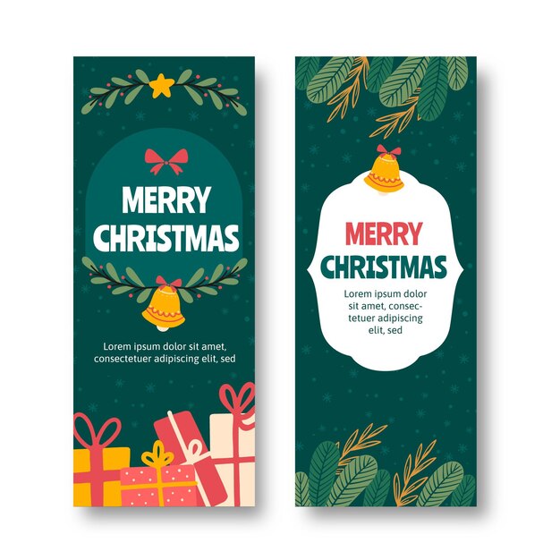 Conjunto de banners navideños verticales planos dibujados a mano