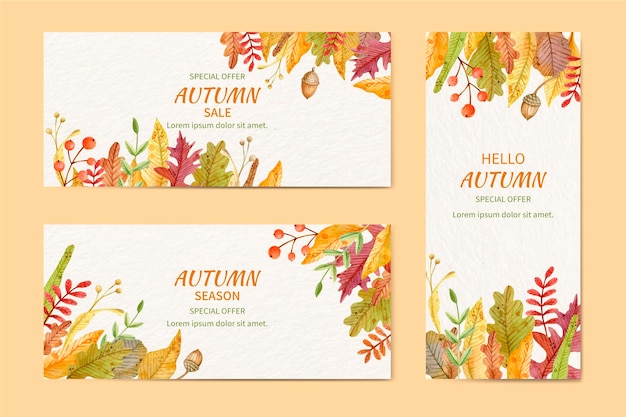 Conjunto de banners de otoño en acuarela