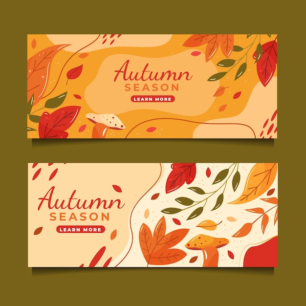 Conjunto de banners de otoño planos horizontales dibujados a mano