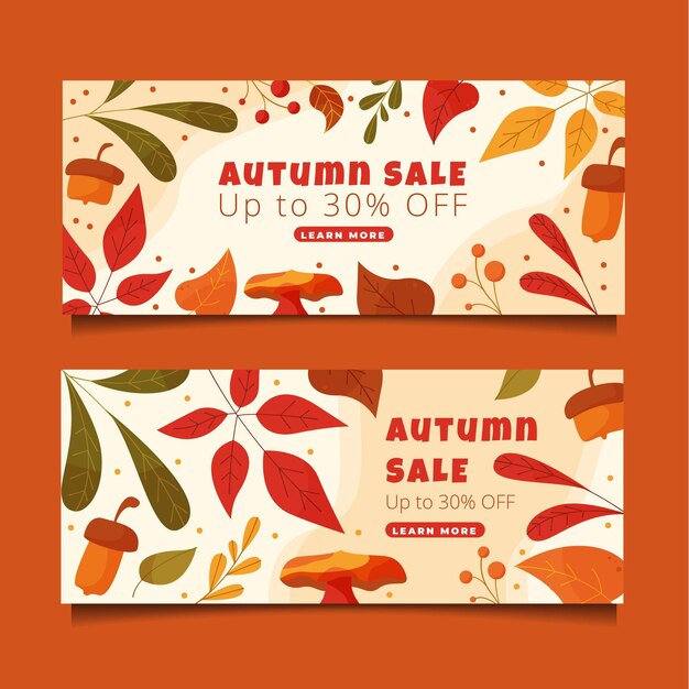 Conjunto de banners de otoño planos horizontales dibujados a mano