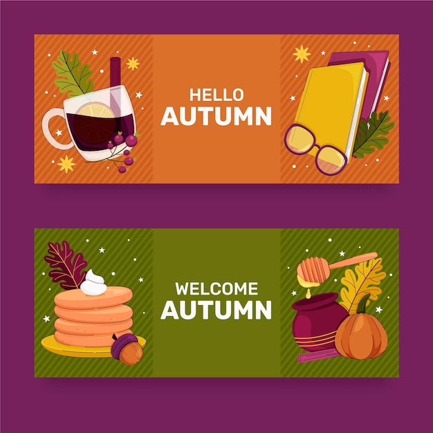 Conjunto de banners de otoño planos horizontales dibujados a mano