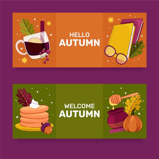 Conjunto de banners de otoño planos horizontales dibujados a mano