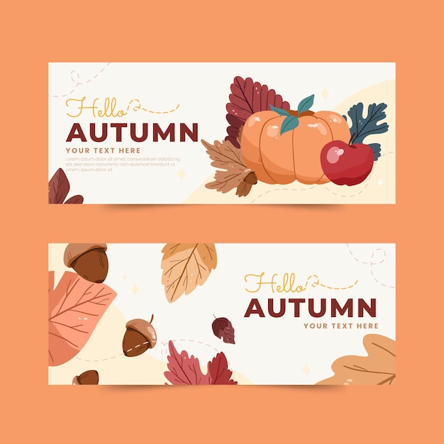 Conjunto de banners de otoño planos horizontales dibujados a mano