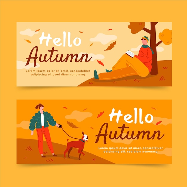 Conjunto de banners de otoño planos horizontales dibujados a mano