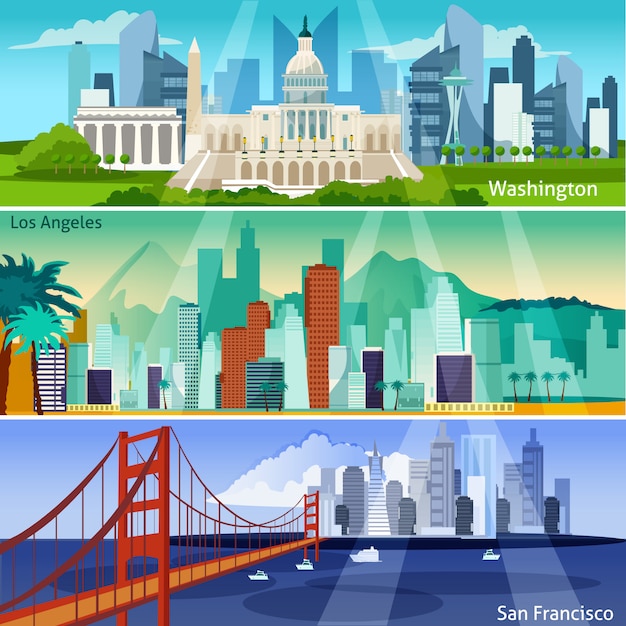 Vector gratuito conjunto de banners de paisajes urbanos americanos