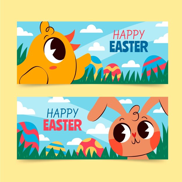 Conjunto de banners de pascua dibujados a mano