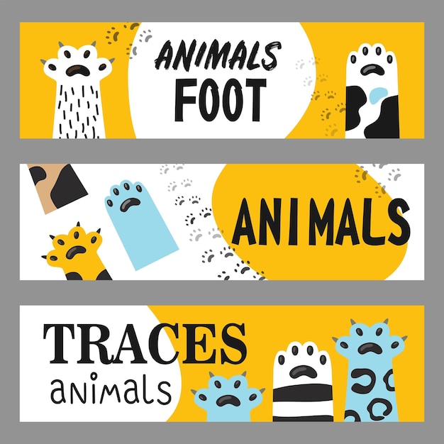 Conjunto de banners de pie de animales. Ilustraciones de patas y garras de gato con texto sobre fondo blanco y amarillo. Ilustración de dibujos animados