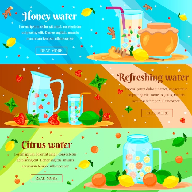 Conjunto de banners planos de agua de desintoxicación