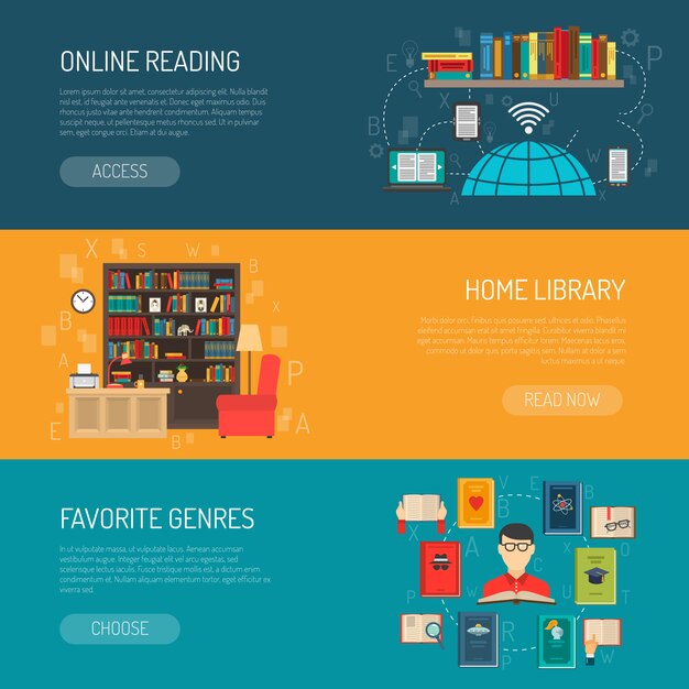 Conjunto de Banners planos de biblioteca
