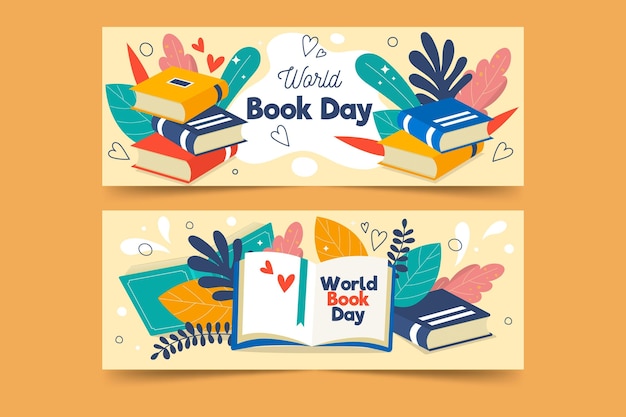 Conjunto de banners planos del día mundial del libro