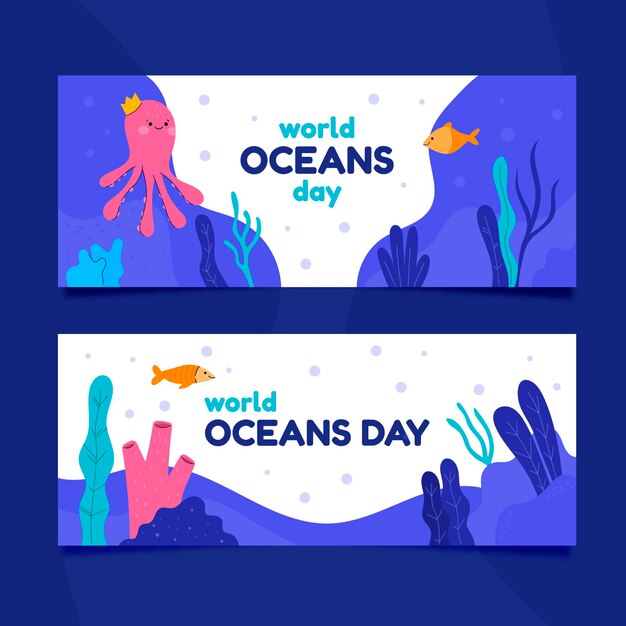 Conjunto de banners planos del día mundial de los océanos