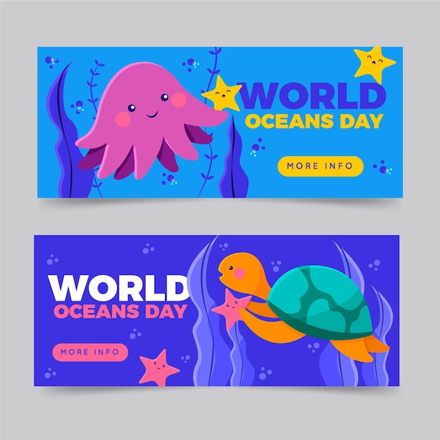 Conjunto de banners planos del día mundial de los océanos