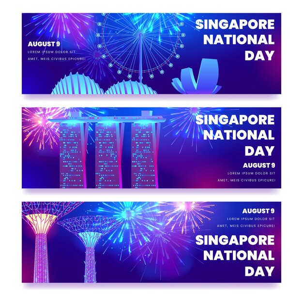 Conjunto de banners planos del día nacional de singapur