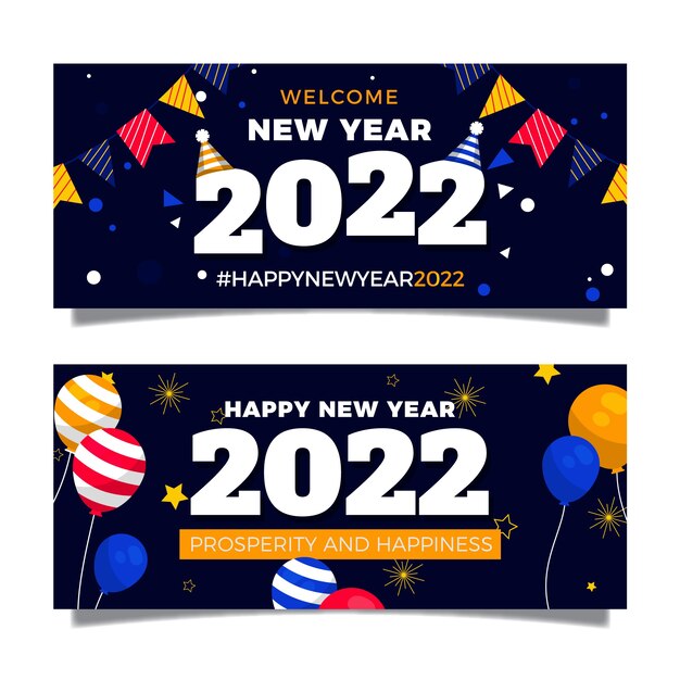 Conjunto de banners planos feliz año nuevo 2022