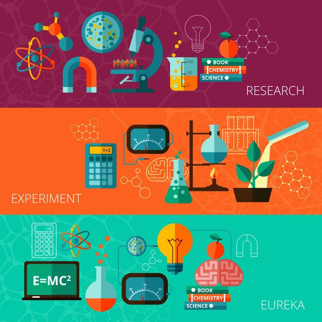 Conjunto de banners planos horizontales de concepto de ciencia