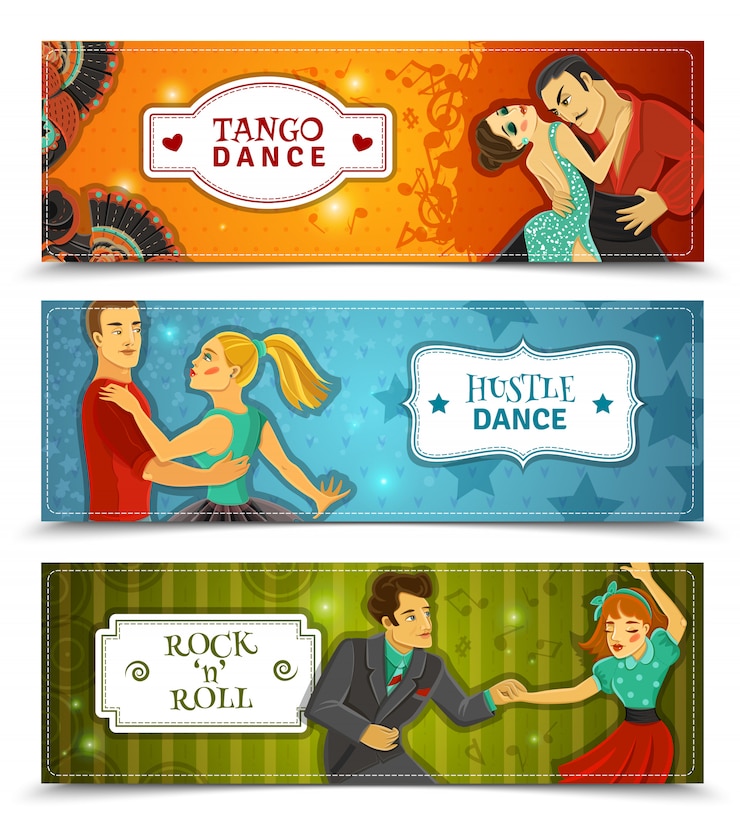 Vector gratuito conjunto de banners planos horizontales de danza vintage