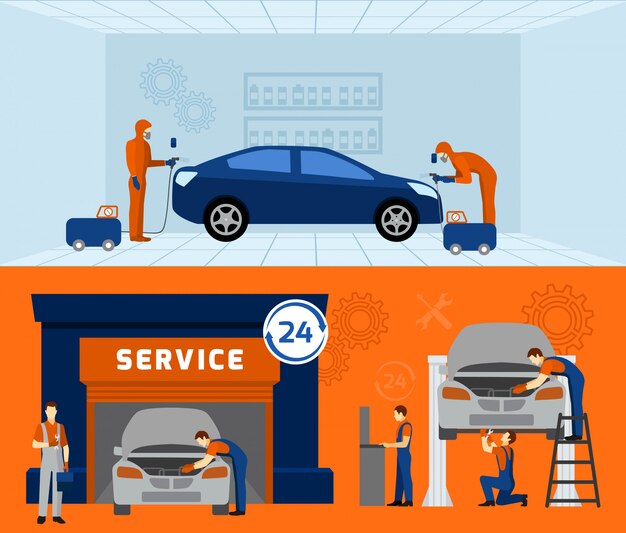 Conjunto de banners planos de mecánica automotriz 2