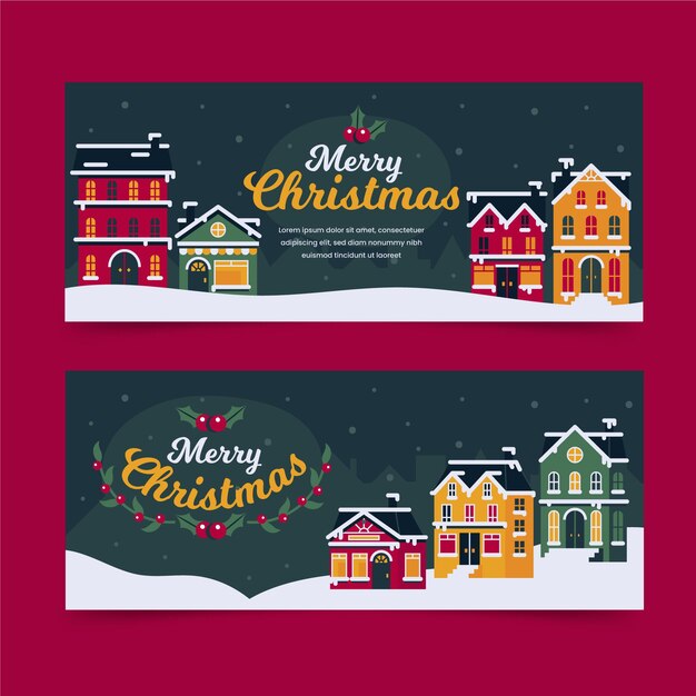 Conjunto de banners de pueblo de navidad de diseño plano