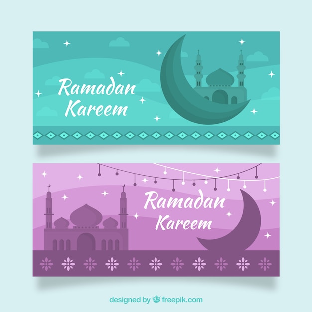 Conjunto de banners de ramadán con mezquita y ornamentos