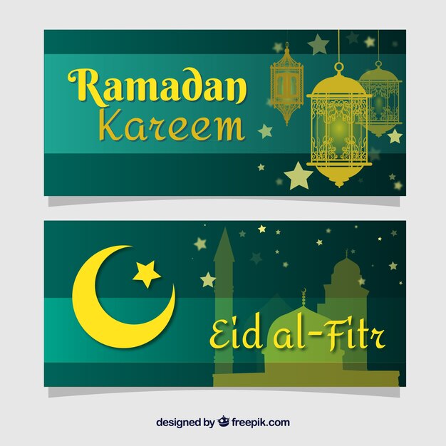 Vector gratuito conjunto de banners de ramadán con mezquita y ornamentos