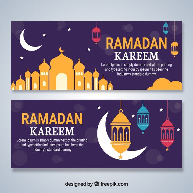 Conjunto de banners de ramadán con mezquitas en estilo plano