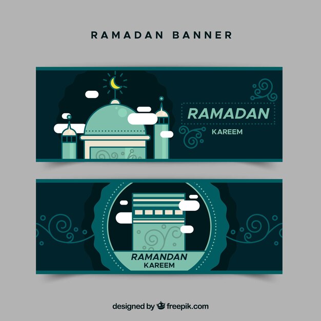 Conjunto de banners de ramadán con mezquitas  en estilo plano