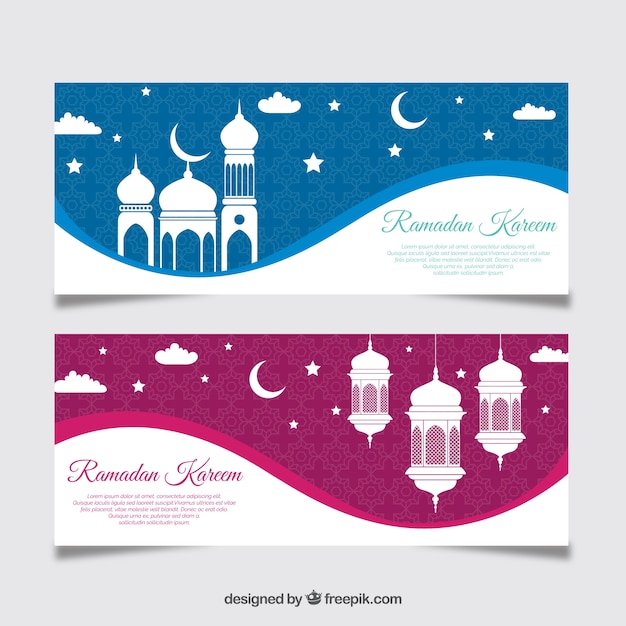 Vector gratuito conjunto de banners de ramadán con mezquitas y lámparas en estilo plano