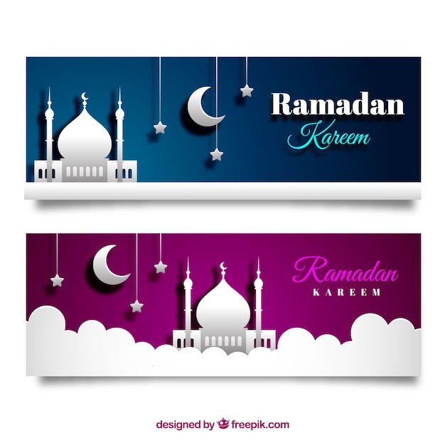 Conjunto de banners de ramadán con mezquitas en textura de papel