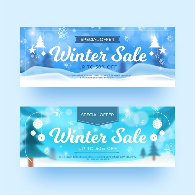 Conjunto de banners de rebajas de invierno borroso