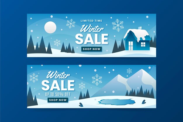 Conjunto de banners de rebajas de invierno horizontal degradado