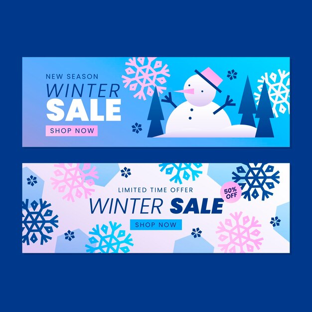 Conjunto de banners de rebajas de invierno horizontal degradado