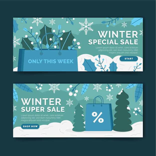 Conjunto de banners de rebajas de invierno horizontal plano dibujado a mano