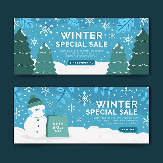 Conjunto de banners de rebajas de invierno horizontal plano dibujado a mano