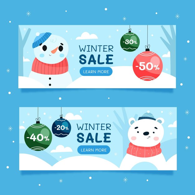 Conjunto de banners de rebajas de invierno horizontal plano dibujado a mano
