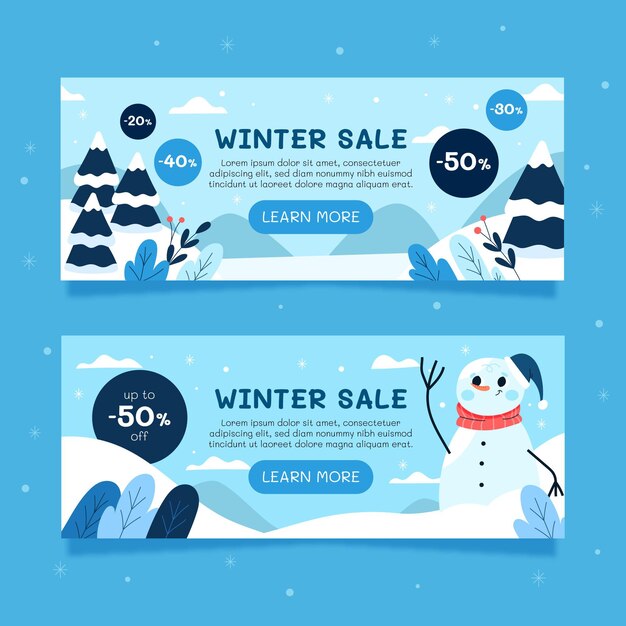Conjunto de banners de rebajas de invierno horizontal plano dibujado a mano