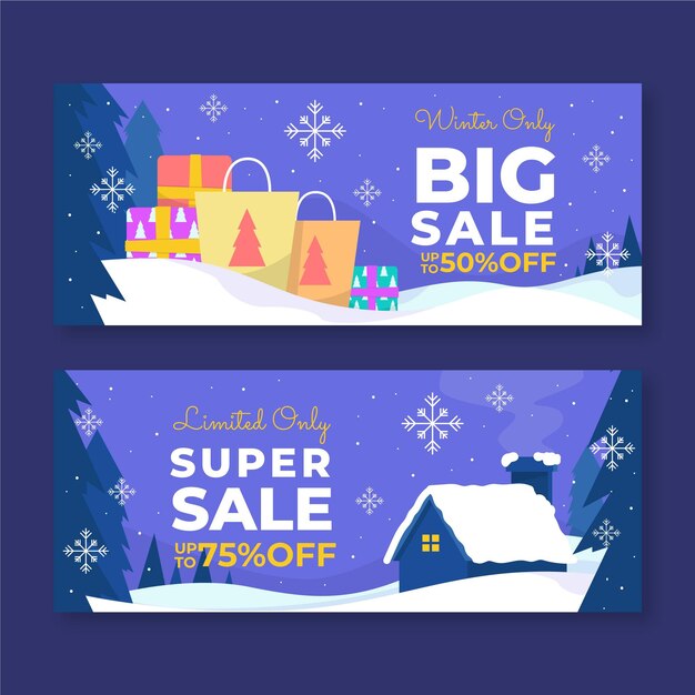 Conjunto de banners de rebajas de invierno horizontal plano dibujado a mano